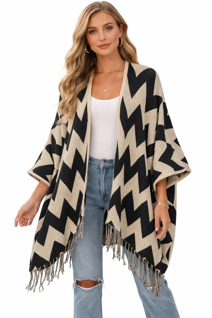 Fate Cream & Black Chevron Open Front Fringe Cardigan Women’s Size Large